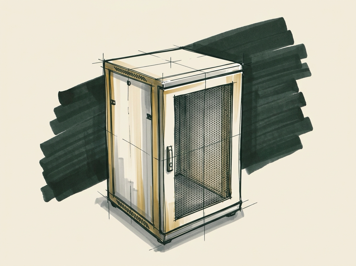 Marker sketch of a closed server cabinet, the production AI system running on the client's own hardware