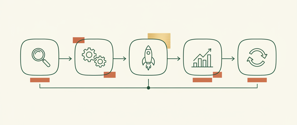 The five-phase 90-Day Growth Engine flow: Audit, Build, Launch, Optimize, Scale