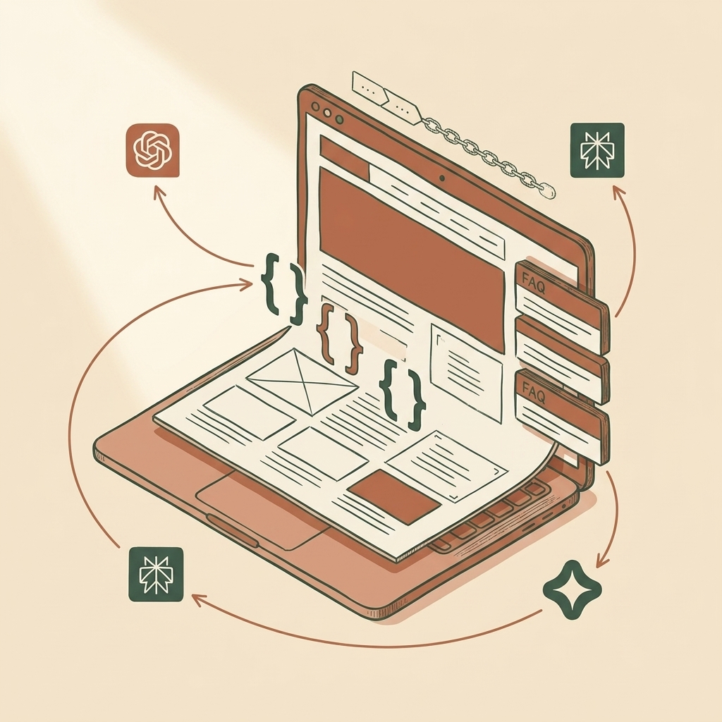 A custom website blueprint with schema markup, FAQ blocks, and AI engine icons orbiting it