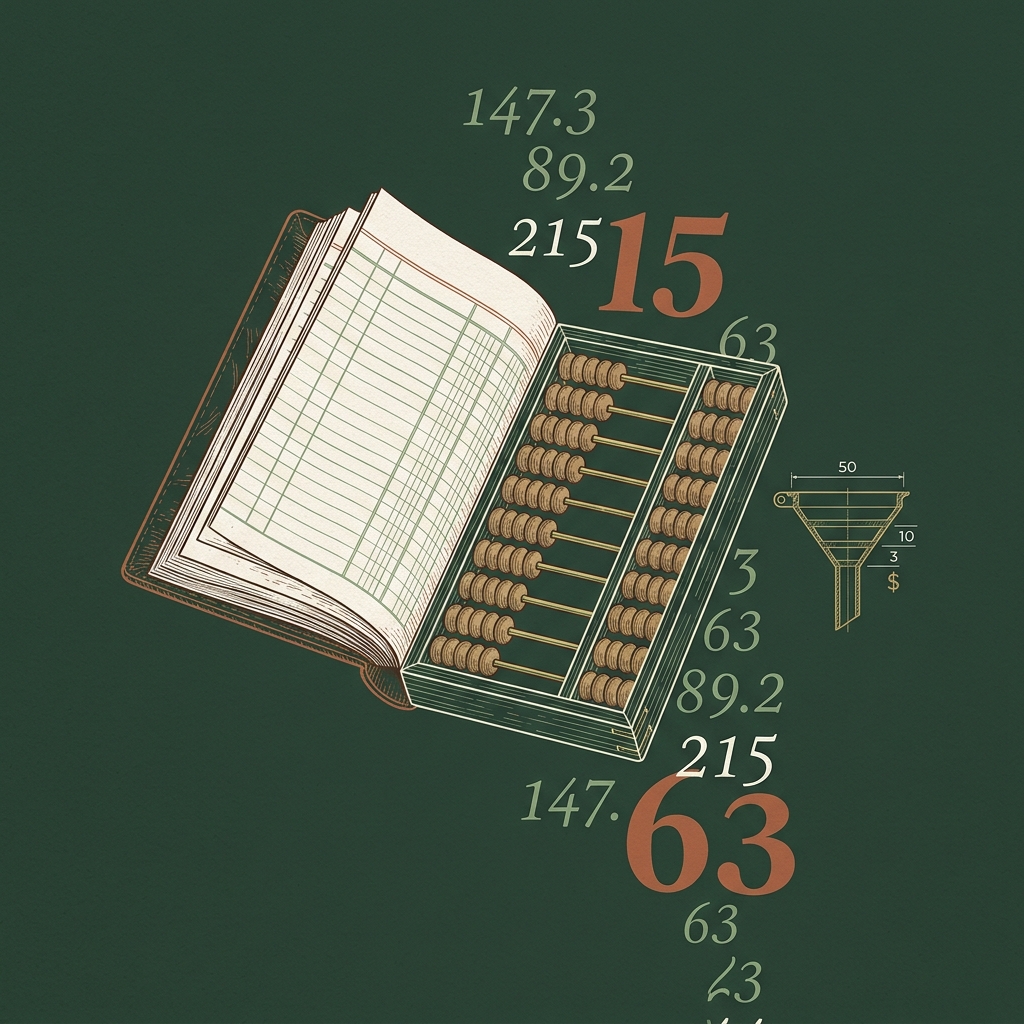 A traditional ledger and abacus surrounded by floating figures, evoking discreet AI-assisted accounting