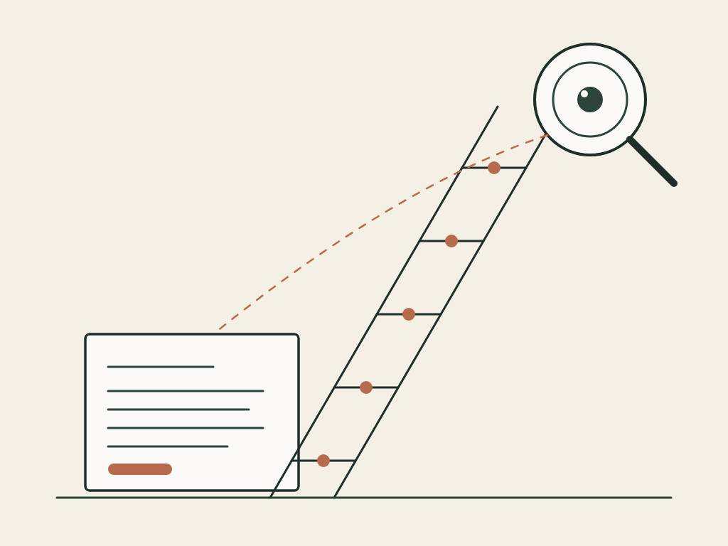 A five-rung ladder rising from a page of text toward a lens that reads it, line art in the Aday heritage palette