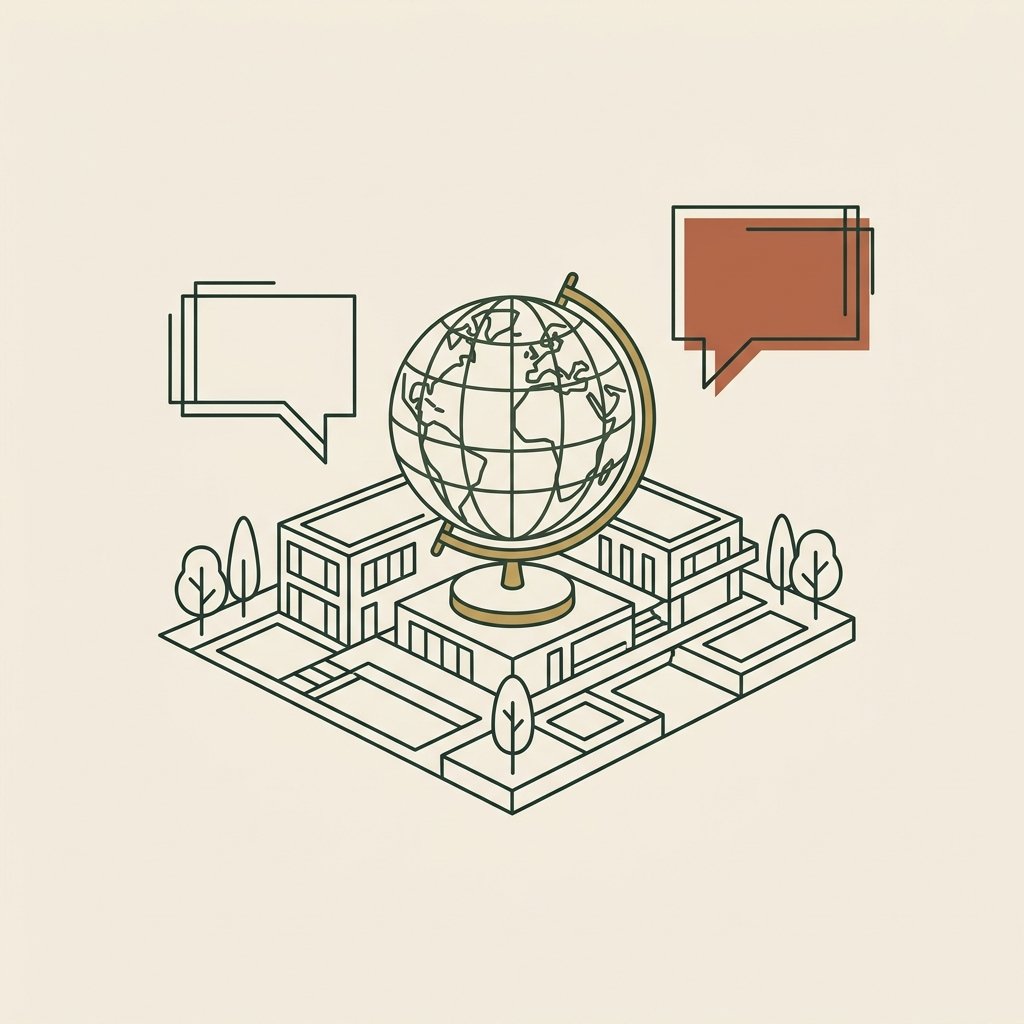Globe on a plinth flanked by speech bubbles in two colors, showing international inquiries answered in the buyer language