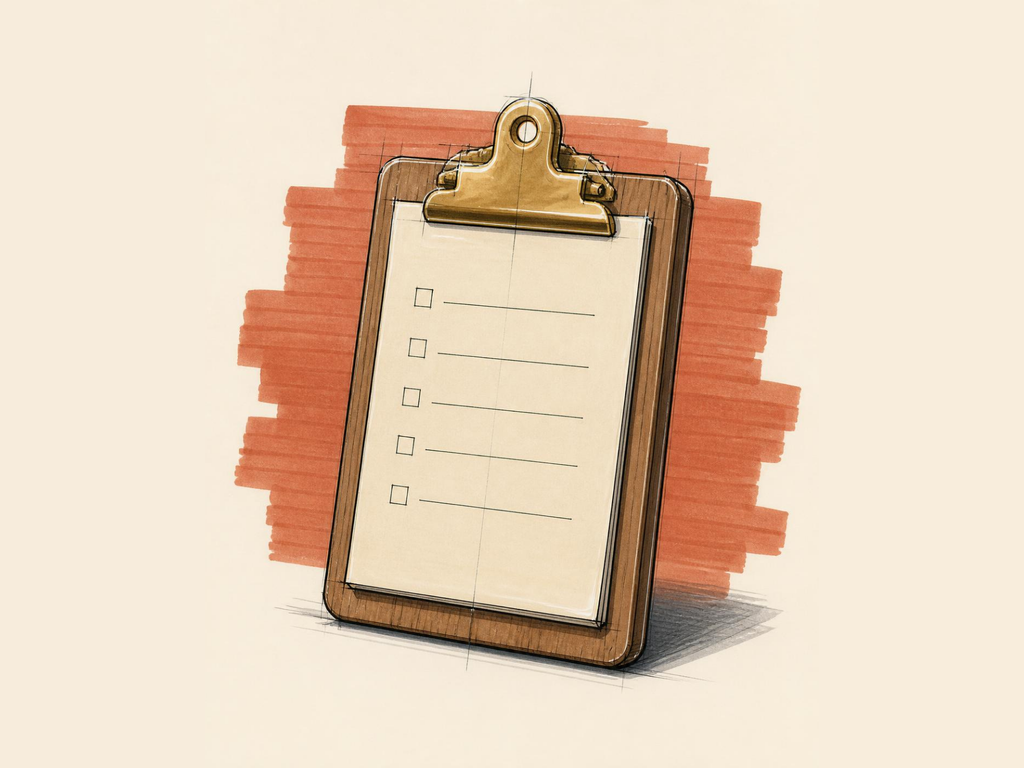 Marker sketch of a clipboard holding a five-line checklist