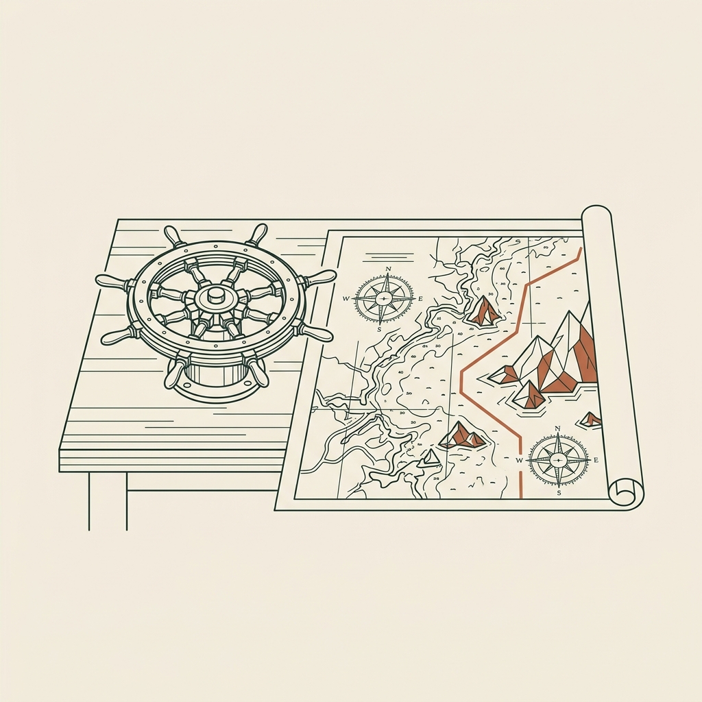 A ship's wheel beside a navigational chart with a plotted course through marked boundaries