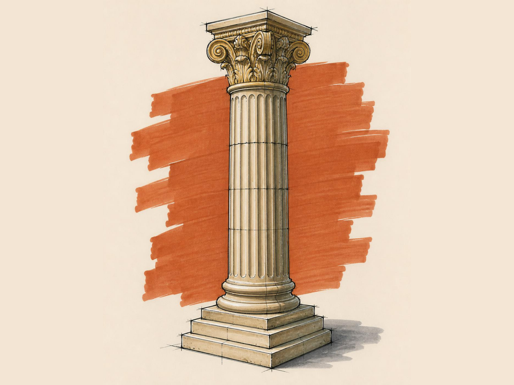Marker sketch of a classical stone column, its stacked courses standing for layers of one structure