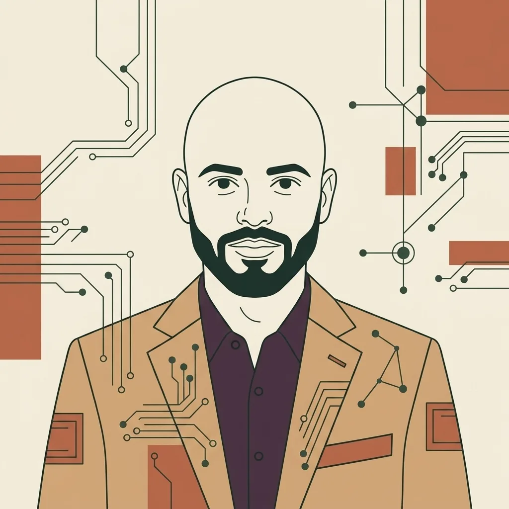 Line-art portrait of Brandon Aday, founder of Aday Interactive, Inc., with circuit-board motifs