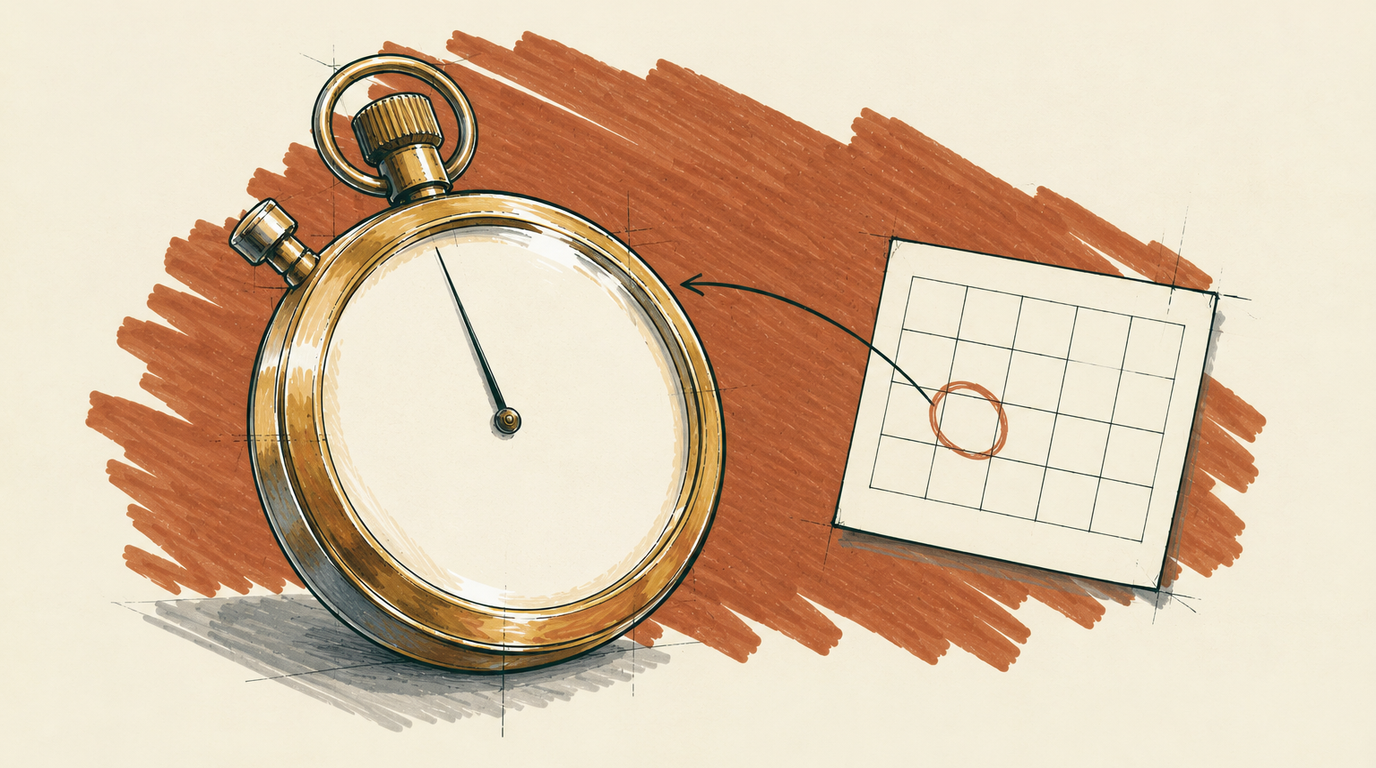 Marker sketch of a brass desk telephone with the handset lifting, a single line routing to a calendar with one date circled