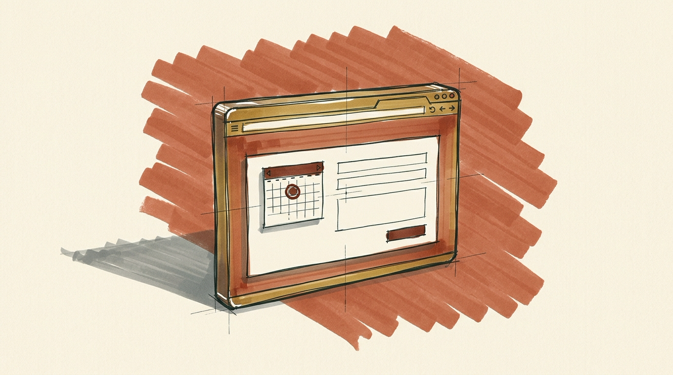 Marker sketch of a browser window holding a short form and a booking calendar with one slot circled