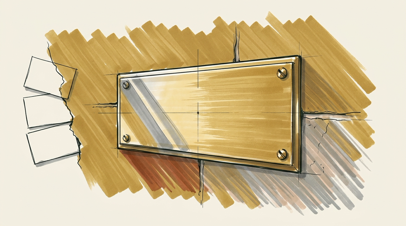 Marker sketch of a blank brass nameplate on a coral limestone wall, with three answer cards angling in toward it