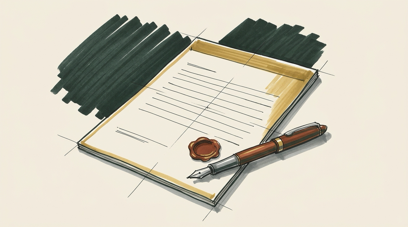 Marker sketch of a formal document carrying a raised wax seal, with a fountain pen resting across the lower corner