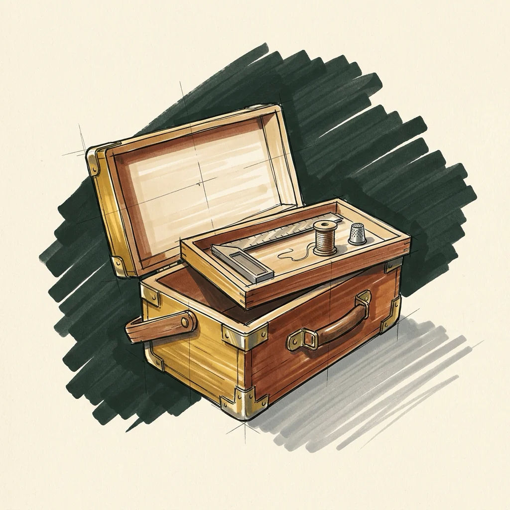 Marker sketch of an open craftsman's toolbox with brass corners, its tray holding a folding square, a spool of thread and a thimble