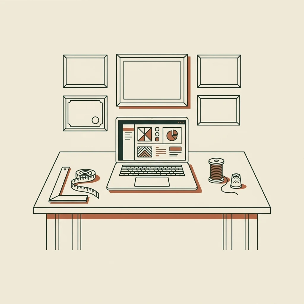 Line-art drafting desk with a carpenter's square, seamstress's spool, and laptop