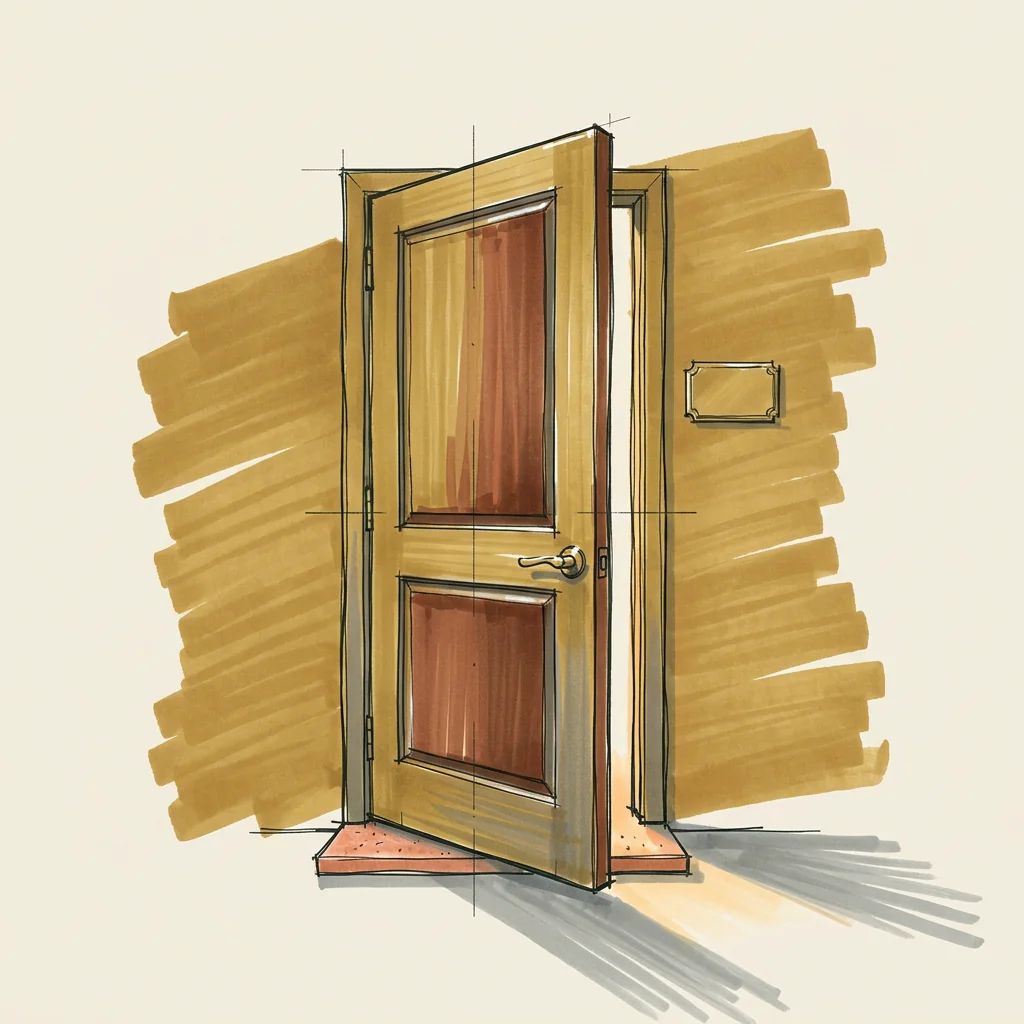 Marker sketch of a Mediterranean wood door standing ajar with a blank brass plaque, warm light spilling onto a coral stone threshold