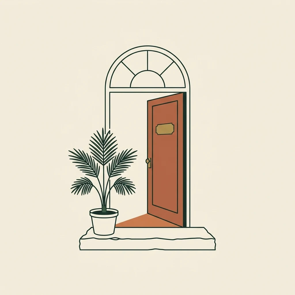 Line-art Mediterranean office entrance with an open door and potted palm