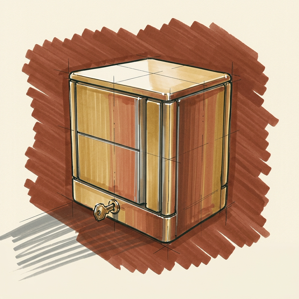 Marker sketch of a bespoke brass machine housing with flush modular panels and a brass key seated in its base