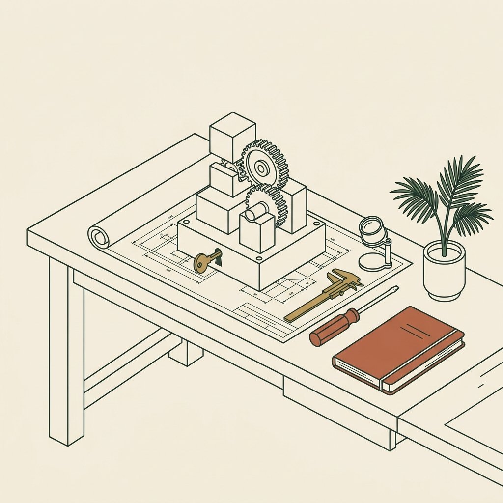 Line-art workbench with a bespoke modular machine, a brass key in its base, and precision tools