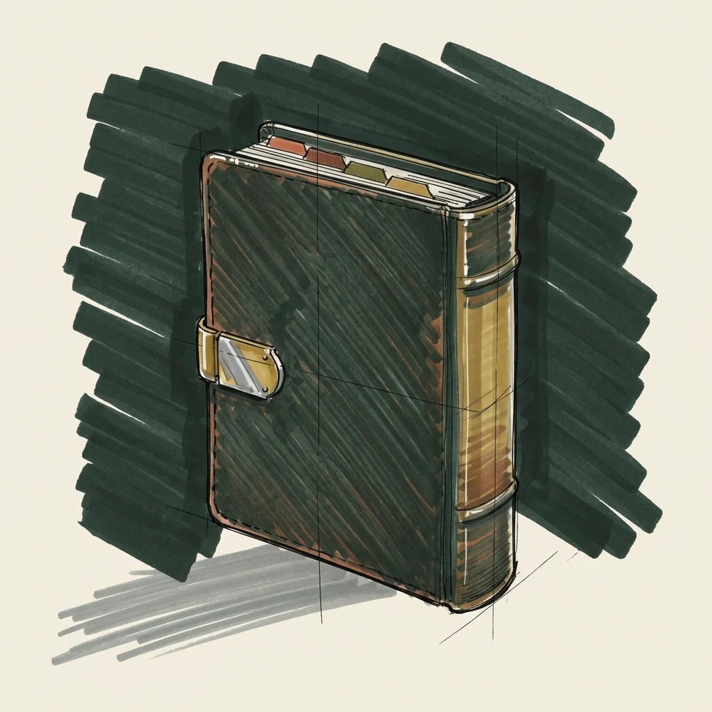 Marker sketch of a closed leather ledger binder with a brass clasp and tabbed dividers along its top edge