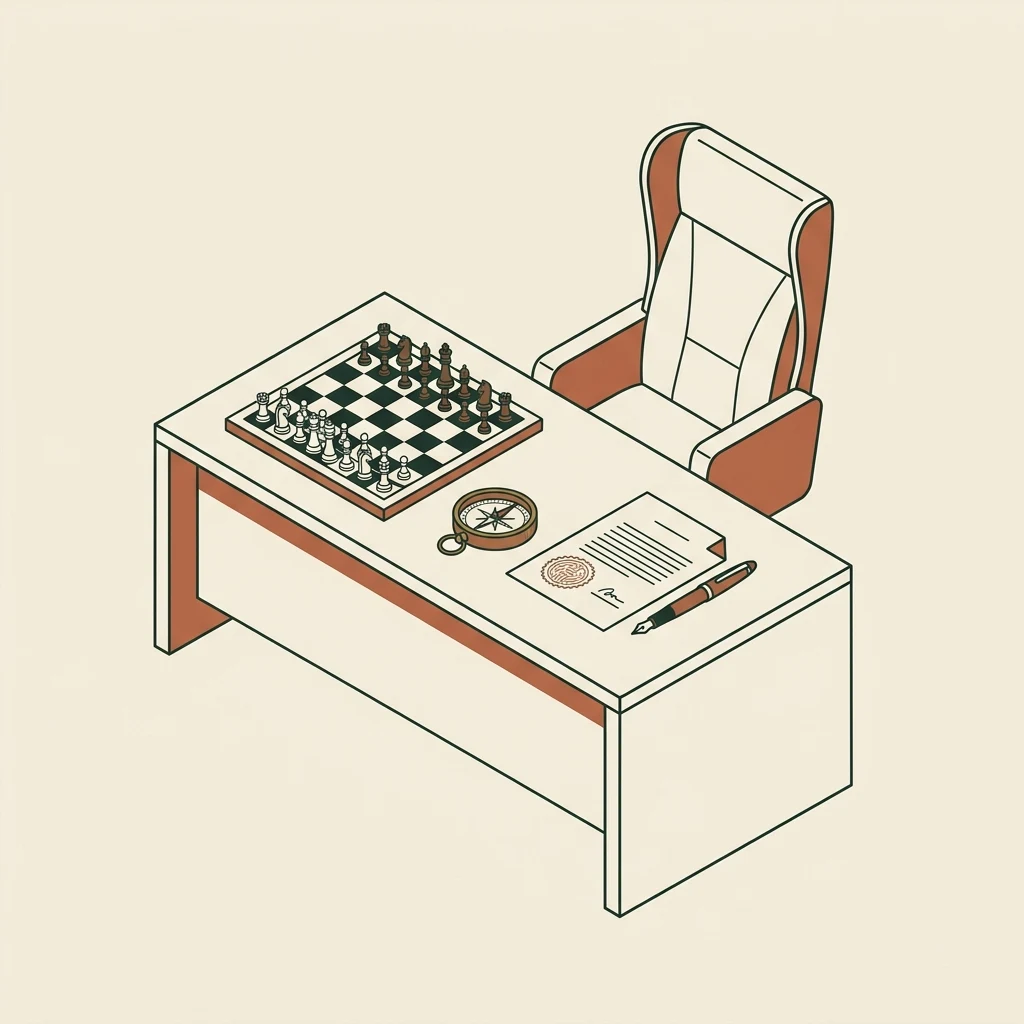 Line-art executive desk with a chessboard, brass compass, and sealed document