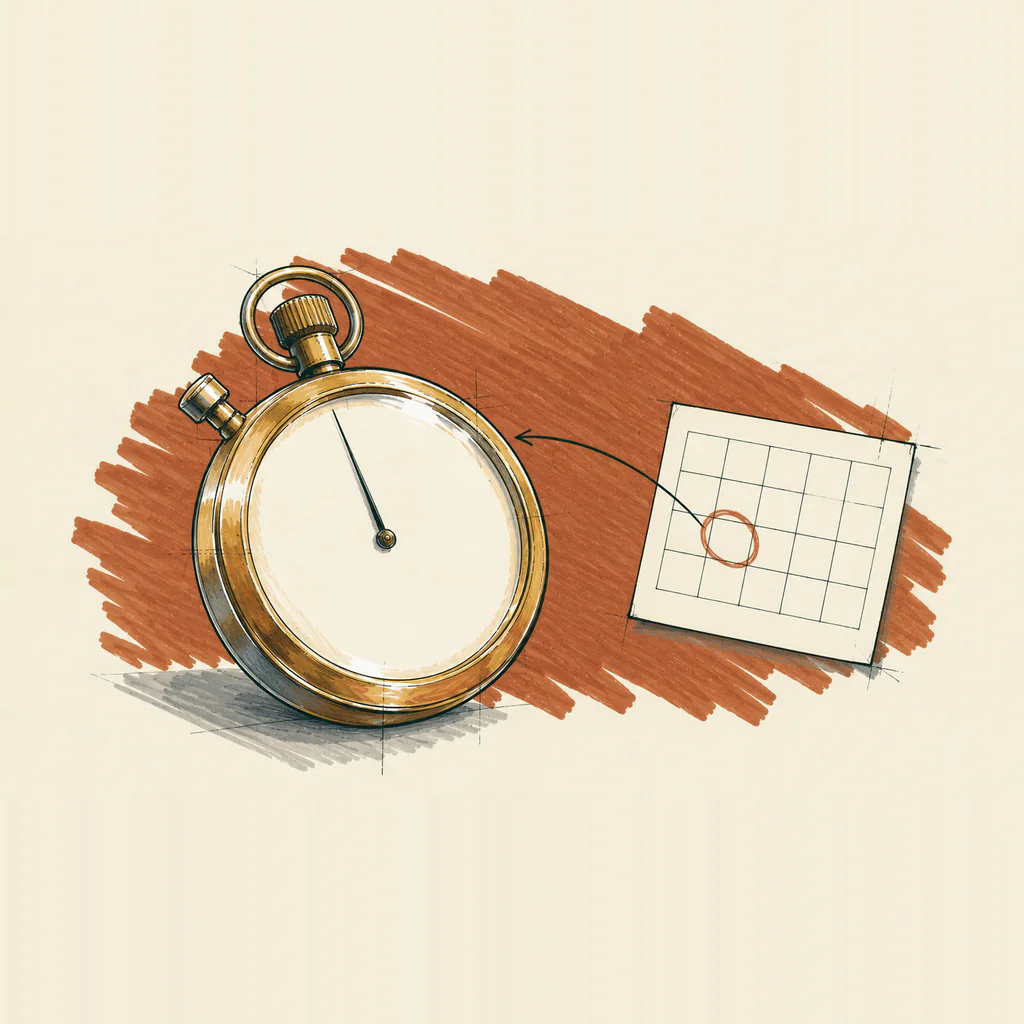Marker sketch of a brass stopwatch, a single line routing from it to a calendar with one date circled