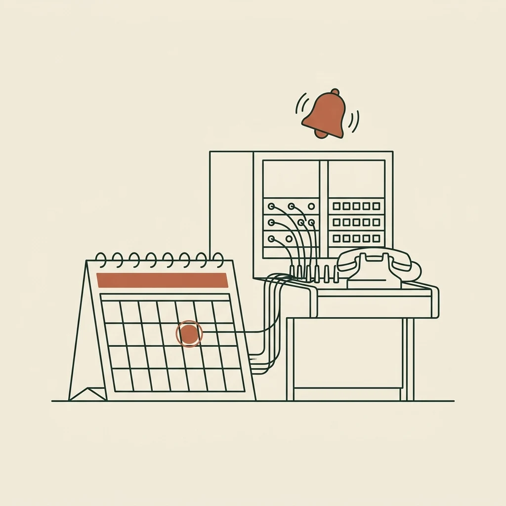 Line-art switchboard routing every call cord to a booked calendar