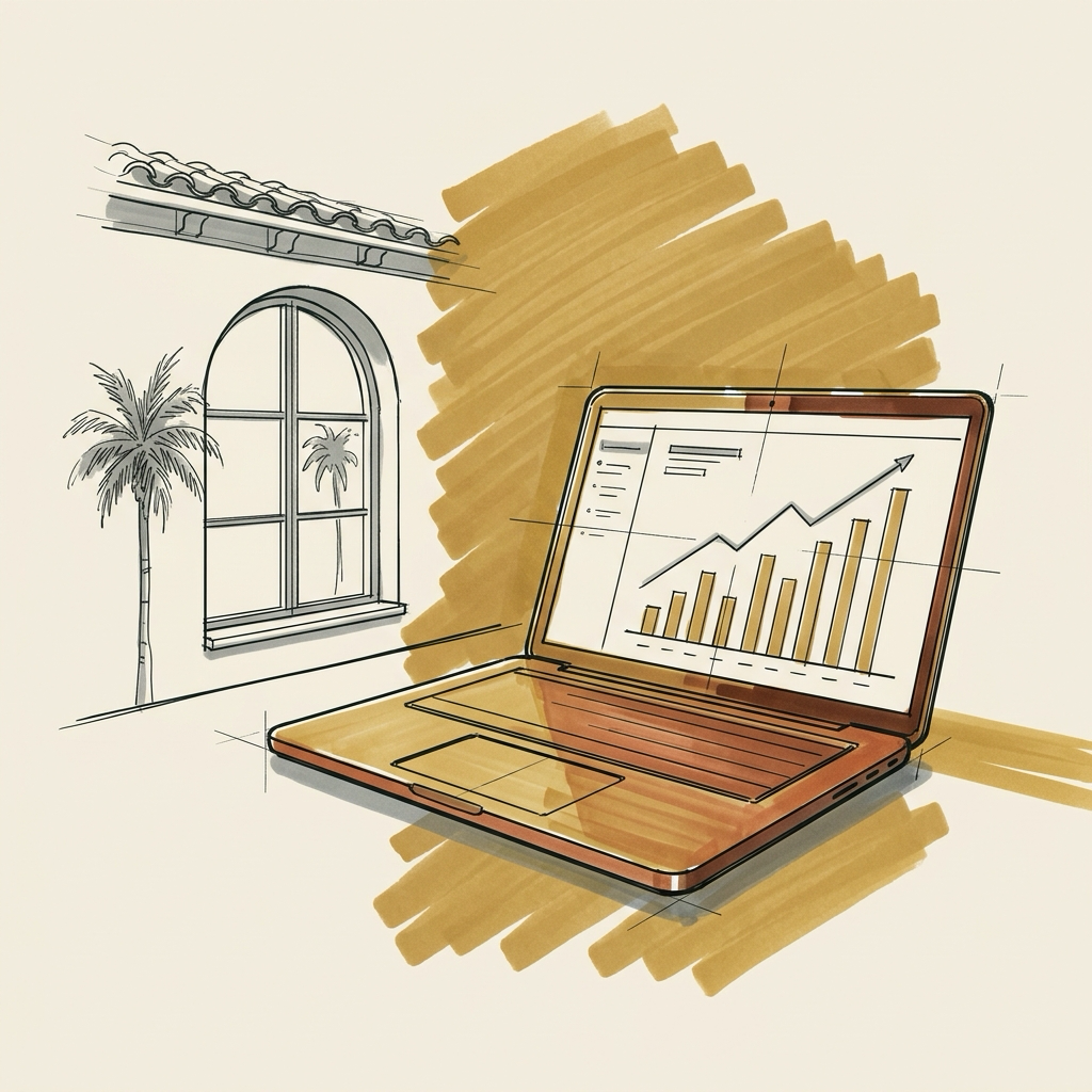 Marker sketch of a laptop showing a rising dashboard chart, drawn against a Coral Gables arched window and barrel-tile roofline with a palm beyond