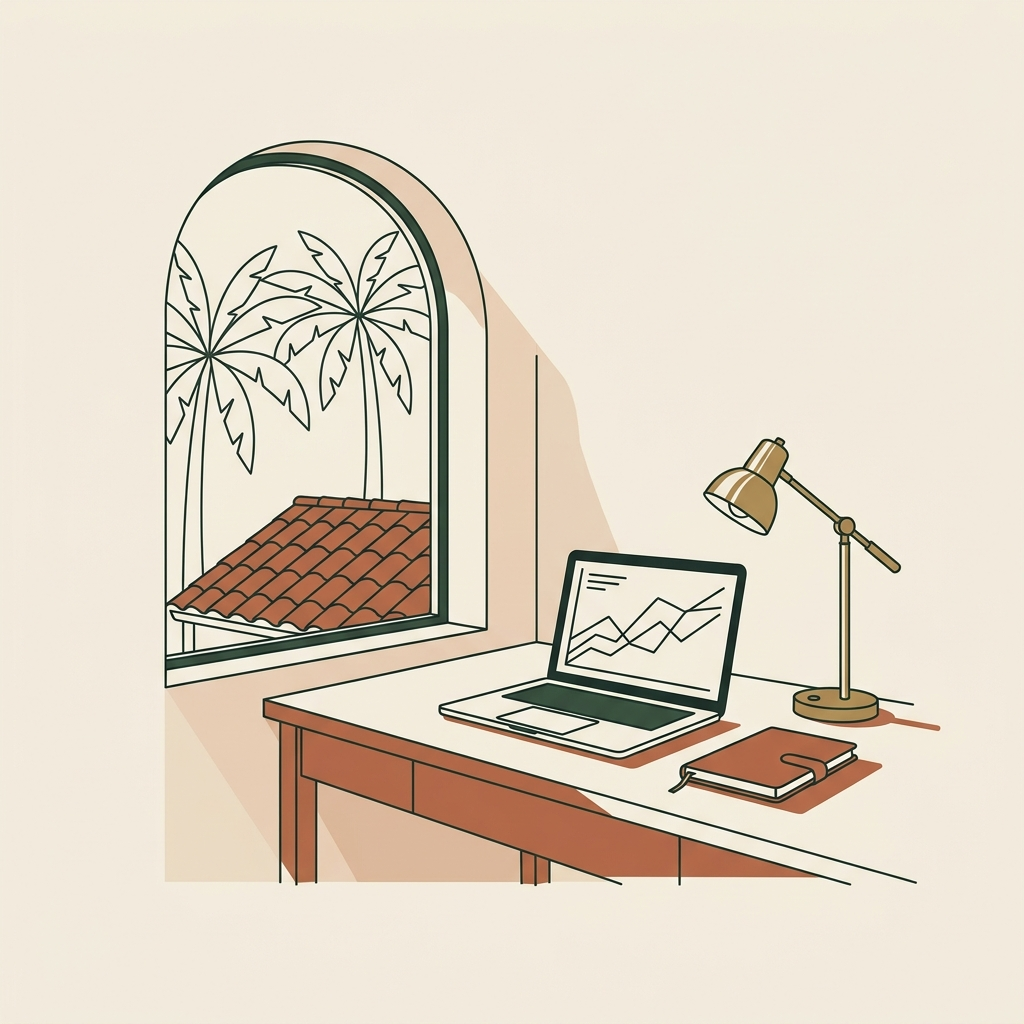 Line-art of a Coral Gables studio desk beside an arched window, with a laptop showing rising lines, a brass lamp and a closed leather notebook