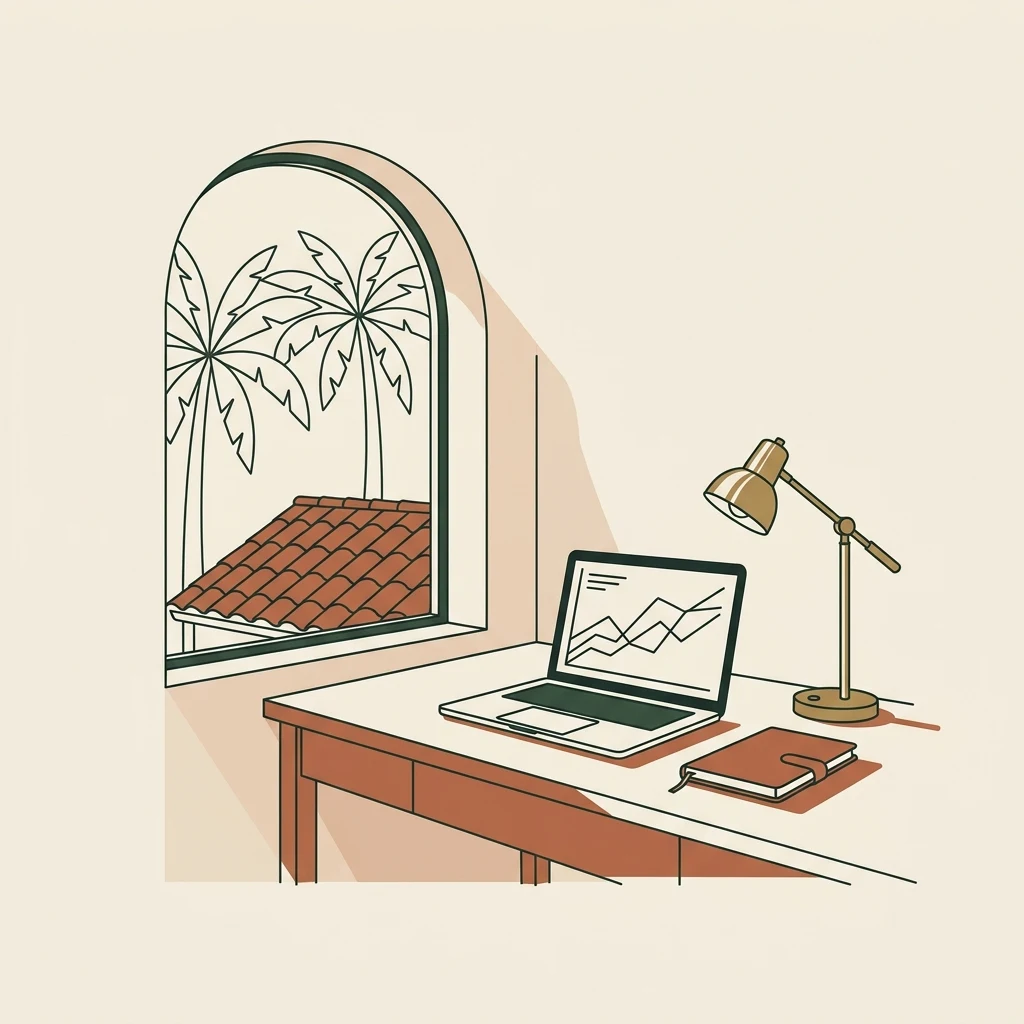 Line-art illustration of a Coral Gables studio desk with a laptop dashboard beside an arched window