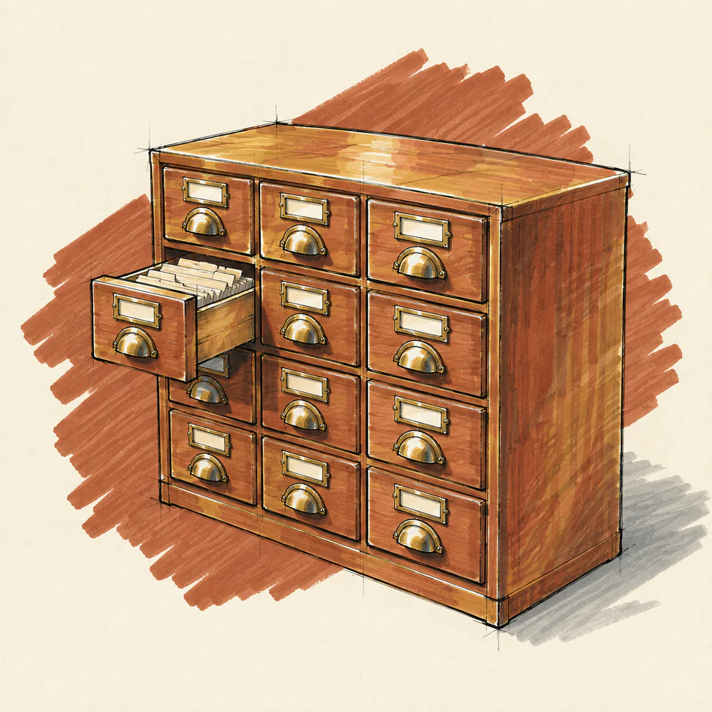Marker sketch of a wooden card-index cabinet with many brass-handled drawers, one pulled open