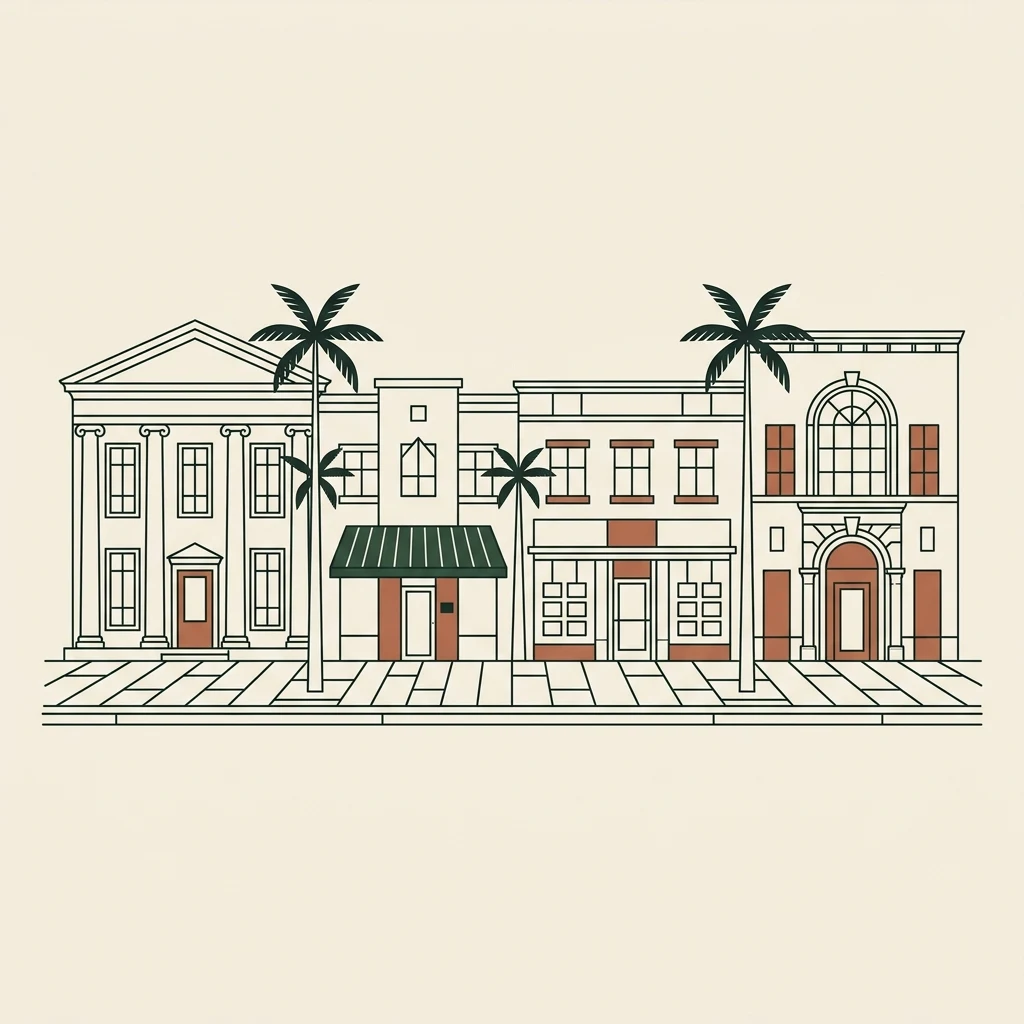 Line-art street of four professional firm facades in Coral Gables