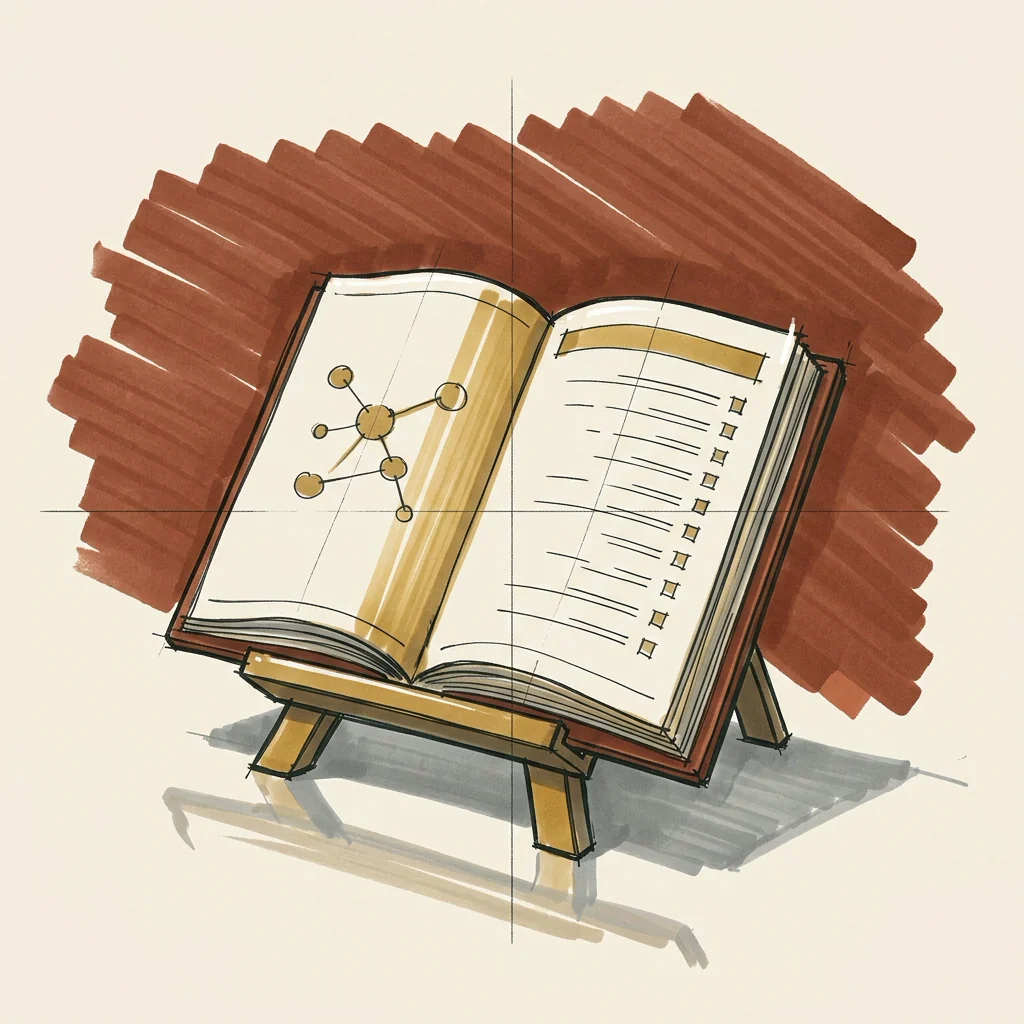 Marker sketch of an open workbook on an easel stand, a checklist on one page and a simple node diagram on the other