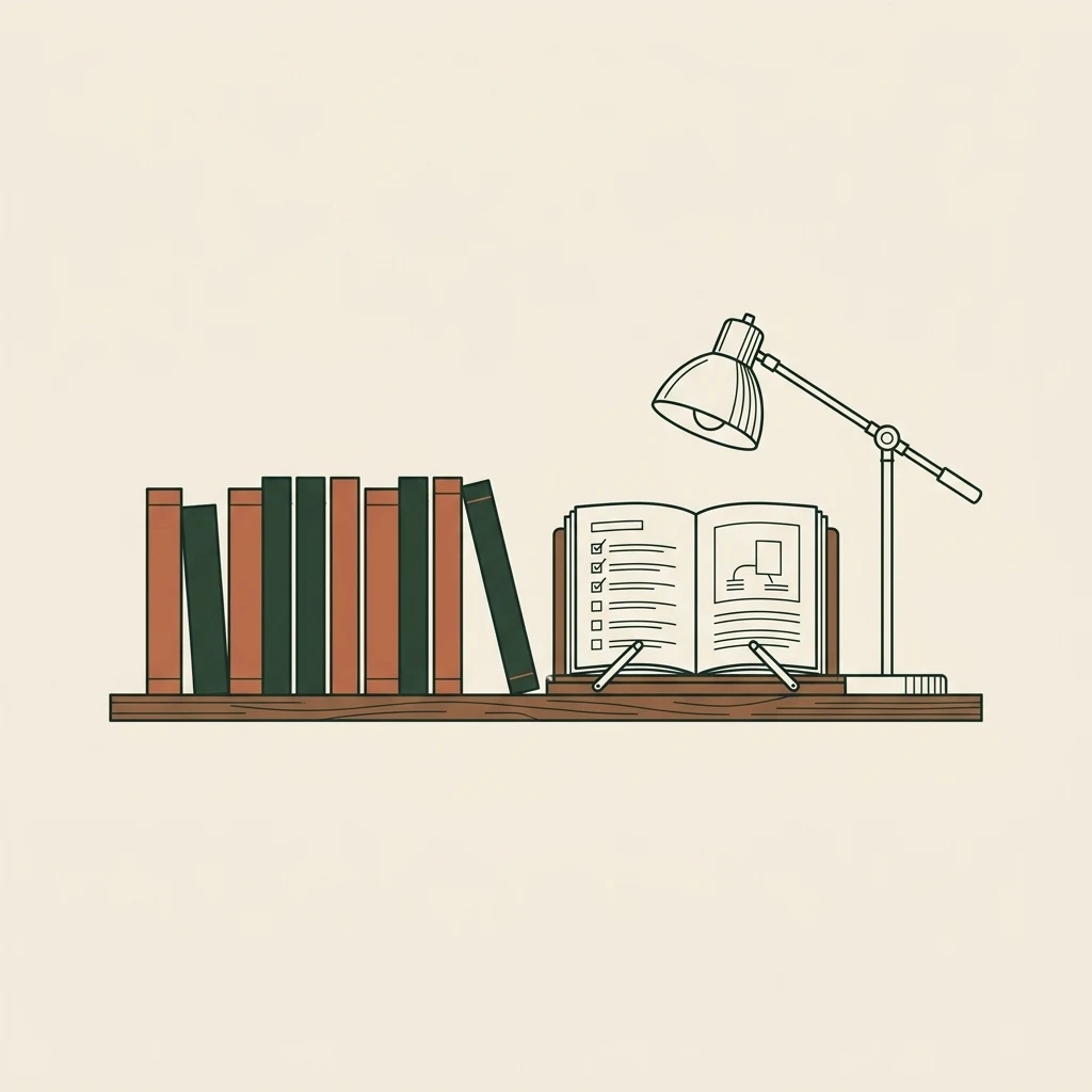 Line-art library shelf of guides with an open workbook