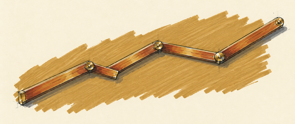 Marker sketch of a carpenter's folding rule opened into five hinged segments climbing from left to right