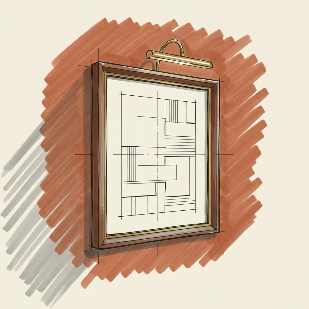 Marker sketch of a single framed wireframe drawing hung on a wall under a lit brass picture light