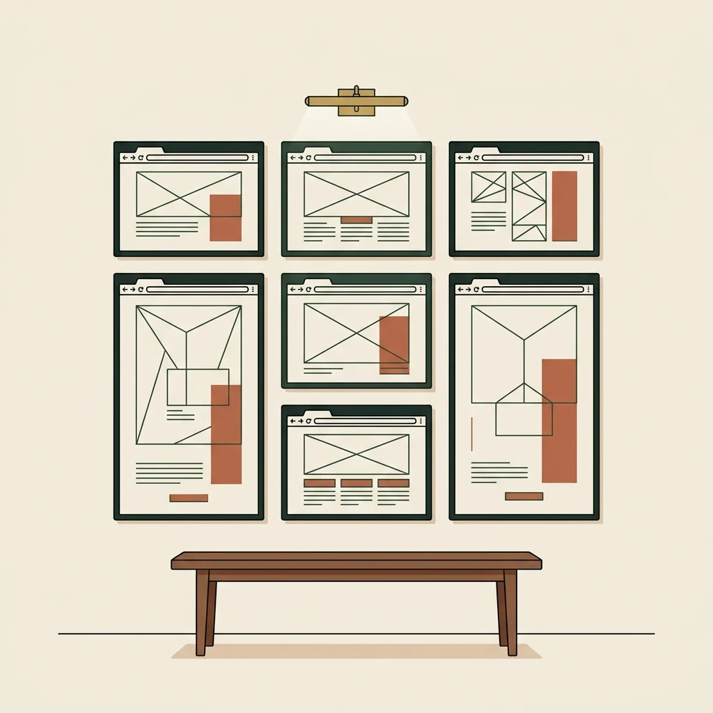 Line-art gallery wall of framed website screens