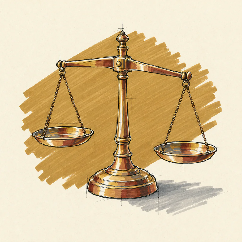 Marker sketch of a brass balance scale standing level at rest, its two shallow pans hanging evenly