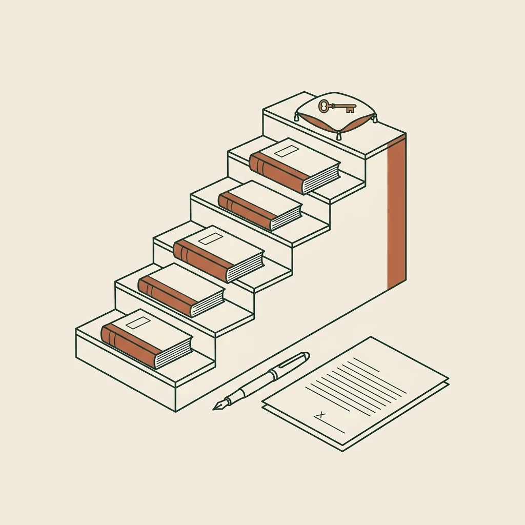 Line-art staircase of ledgers ascending to a brass key