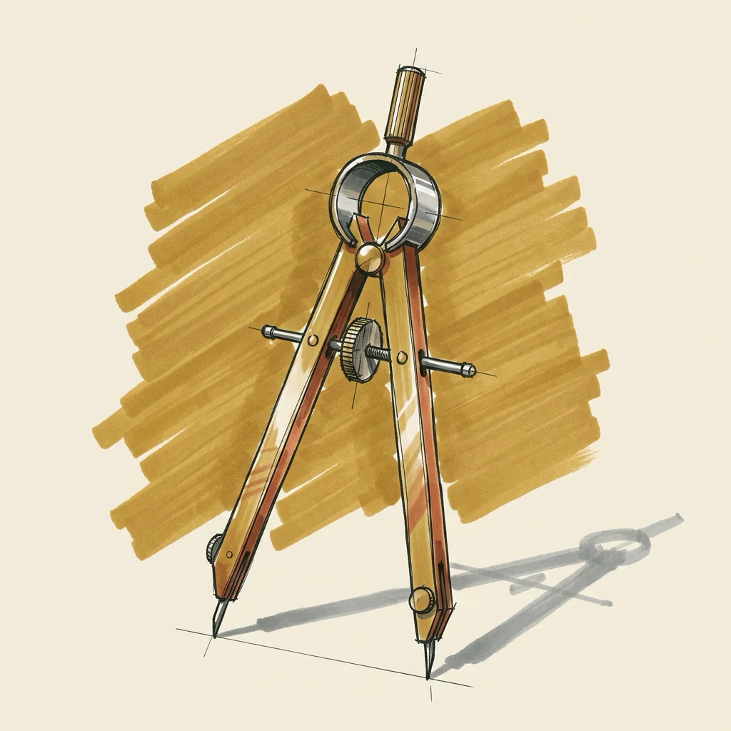 Marker sketch of a brass drafting compass standing open on its two legs