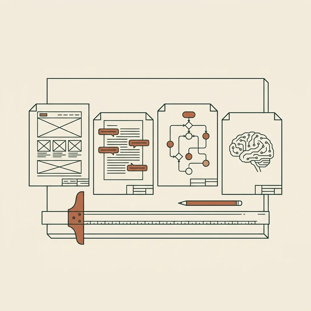 Line-art drafting table with four blueprint sheets: website wireframe, citations, workflow, and AI