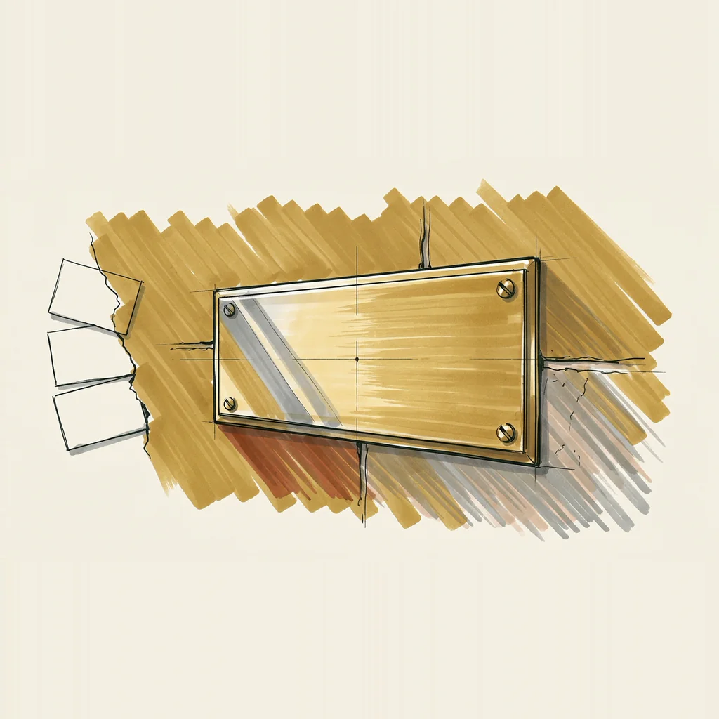 Marker sketch of a blank brass nameplate on a coral limestone wall, with three answer cards angling in toward it