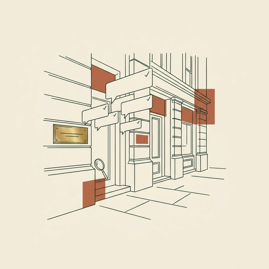Line-art brass nameplate with answer cards pointing toward it