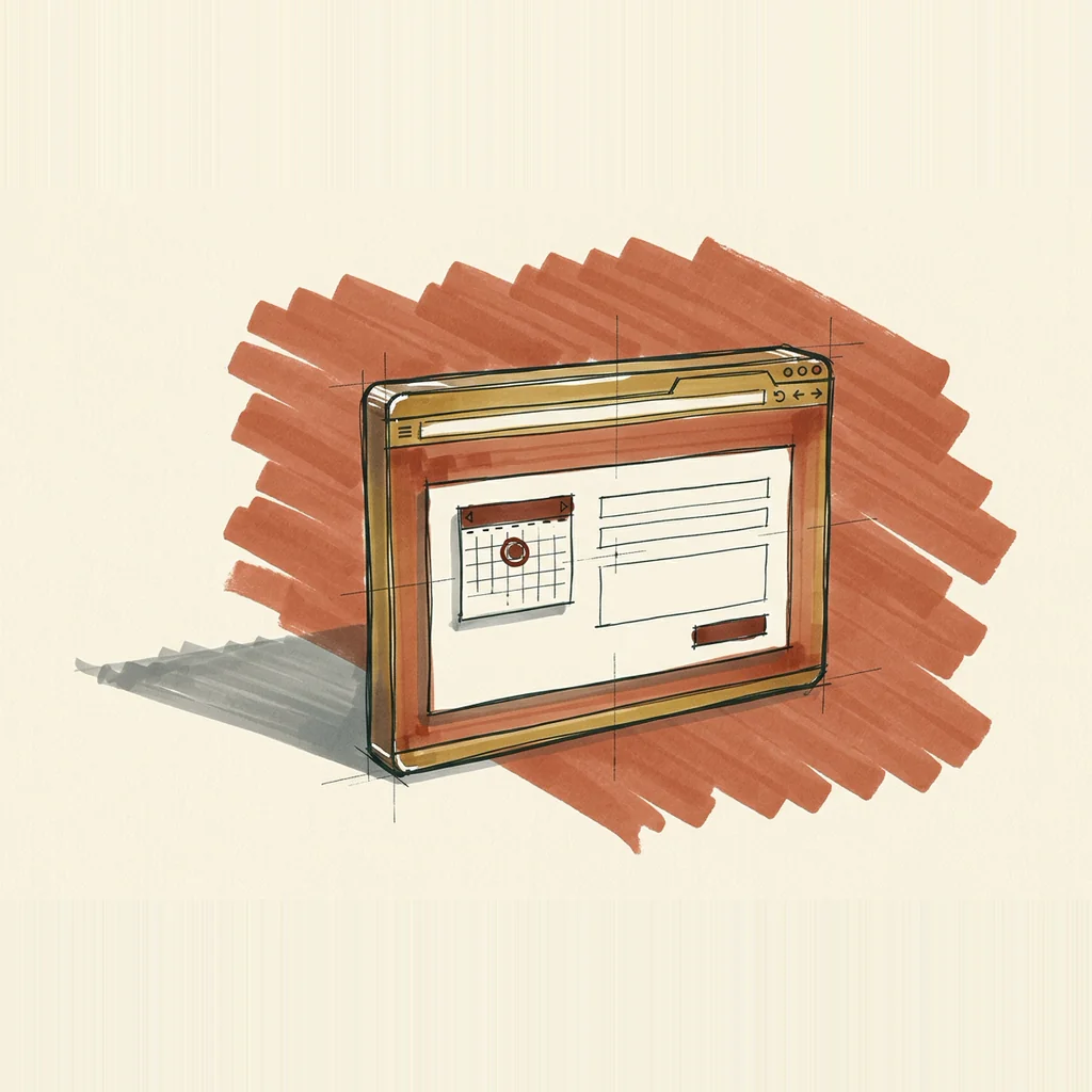 Marker sketch of a browser window holding a short form and a booking calendar with one slot circled