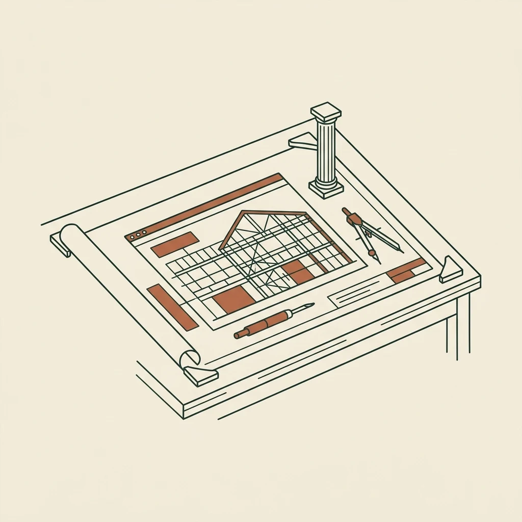 Line-art architect's desk with a website blueprint unrolled