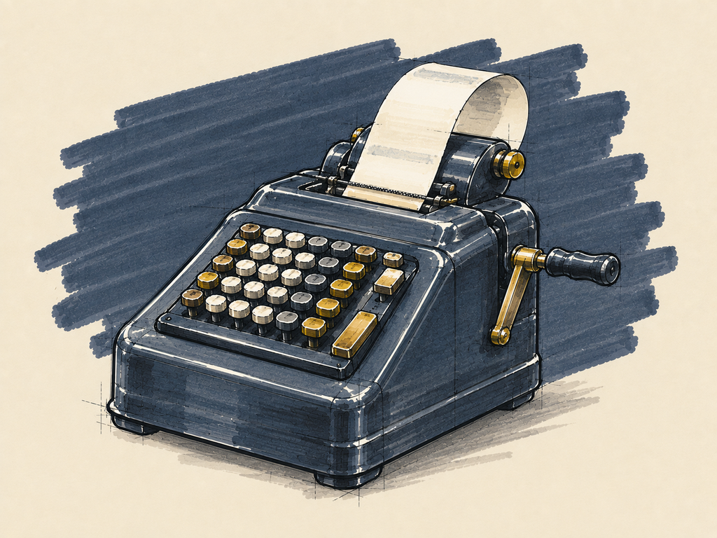 Marker sketch of a vintage adding machine with a blank paper tape