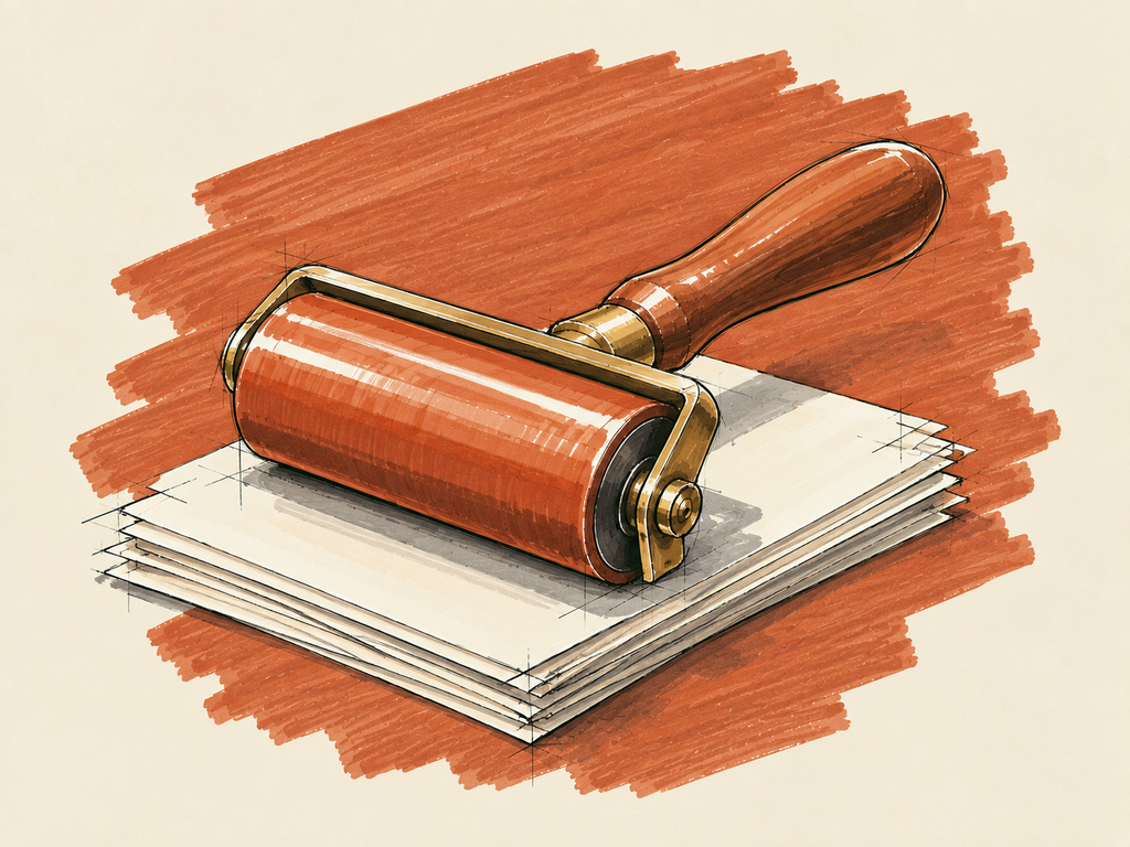 Marker sketch of a printers brayer roller resting on a stack of blank proof sheets