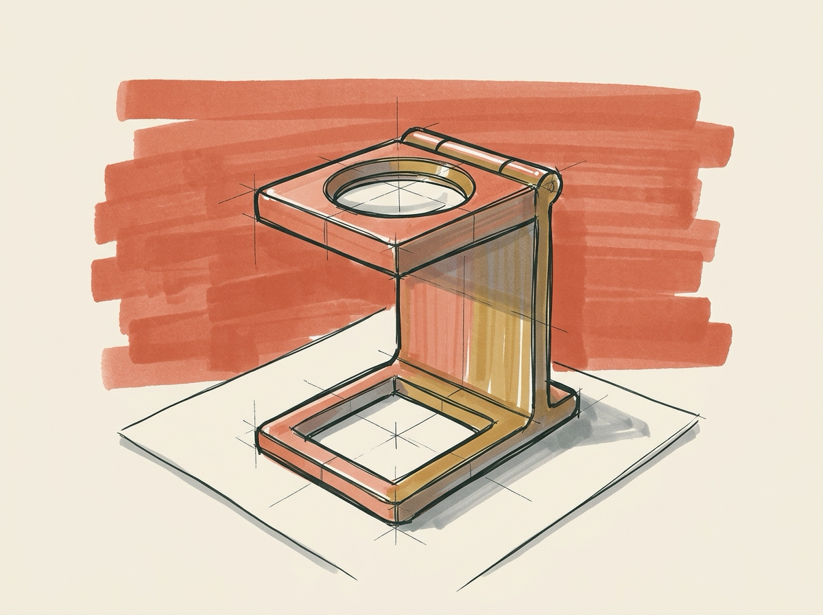 Marker sketch of a printers brayer roller resting on a stack of blank proof sheets