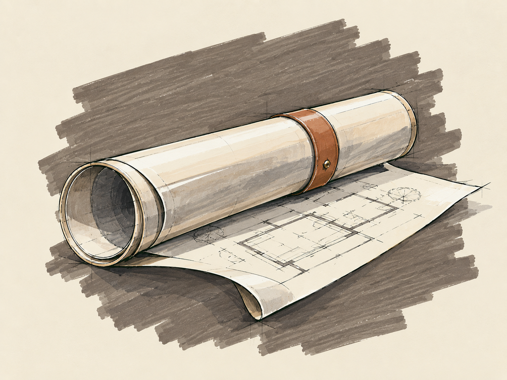 Marker sketch of a rolled blueprint tube with one sheet drawn partly out