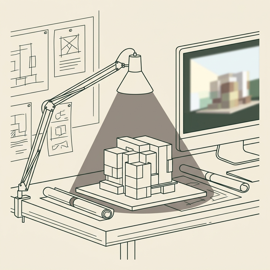Line illustration of an architecture and interior design studio