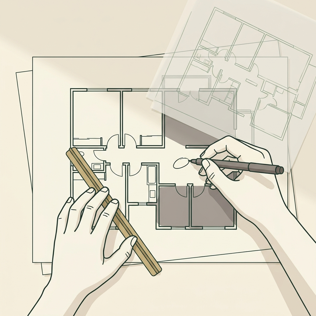 Line illustration of an architecture and interior design studio