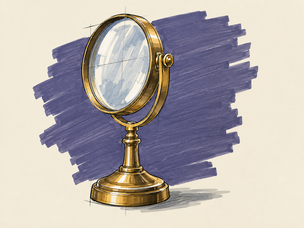 Marker sketch of a brass magnifying glass standing upright in its own turned stand