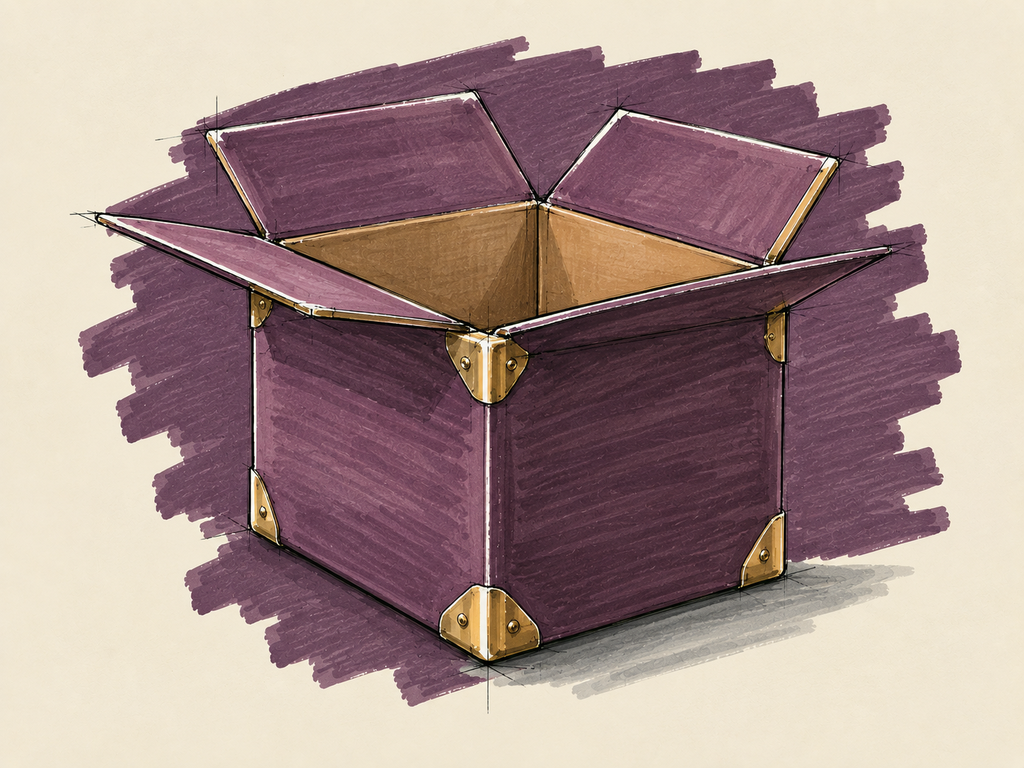 Marker sketch of a shipping carton with brass-cornered edges and its flaps open